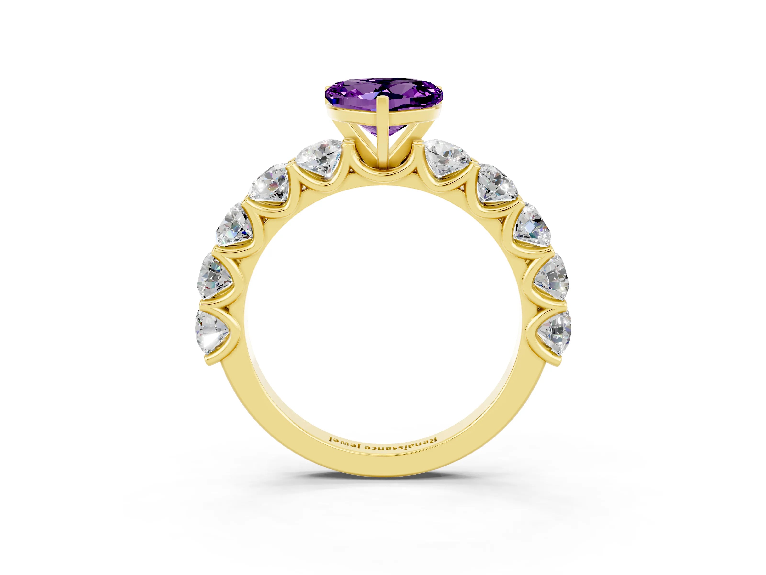 Yellow gold Heart Cut Amethyst Prong Setting with Side Stones on a Pave Band_3