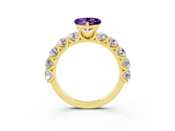 Yellow gold Heart Cut Amethyst Prong Setting with Side Stones on a Pave Band