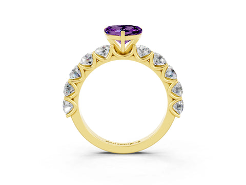 Yellow gold Heart Cut Amethyst Prong Setting with Side Stones on a Pave Band_3