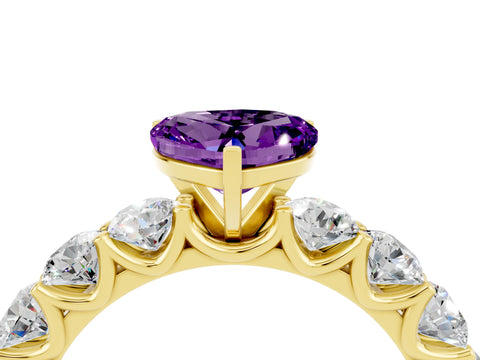 Yellow gold Heart Cut Amethyst Prong Setting with Side Stones on a Pave Band_4