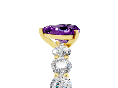 Yellow gold Heart Cut Amethyst Prong Setting with Side Stones on a Pave Band_5