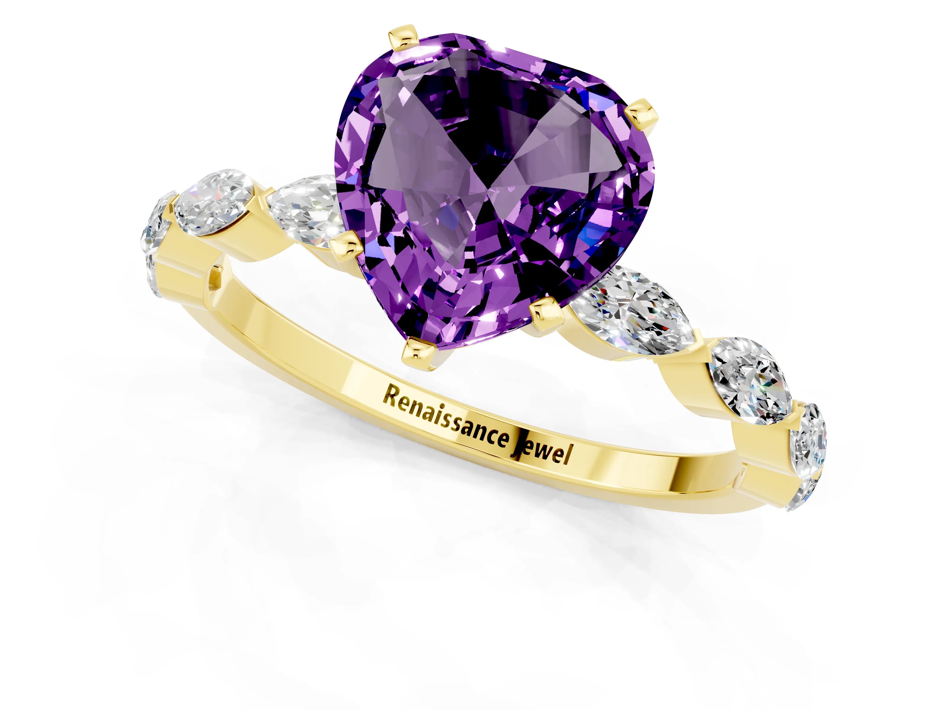 Yellow gold Heart Cut Amethyst Ring with Marquise Side Stones and Prong Setting_1