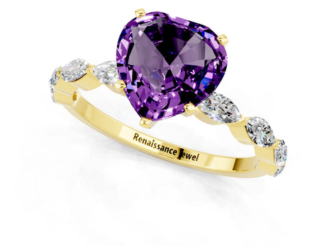 Yellow gold Heart Cut Amethyst Ring with Marquise Side Stones and Prong Setting_1