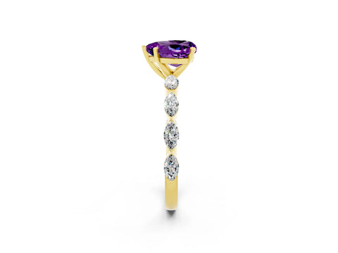 Yellow gold Heart Cut Amethyst Ring with Marquise Side Stones and Prong Setting_2