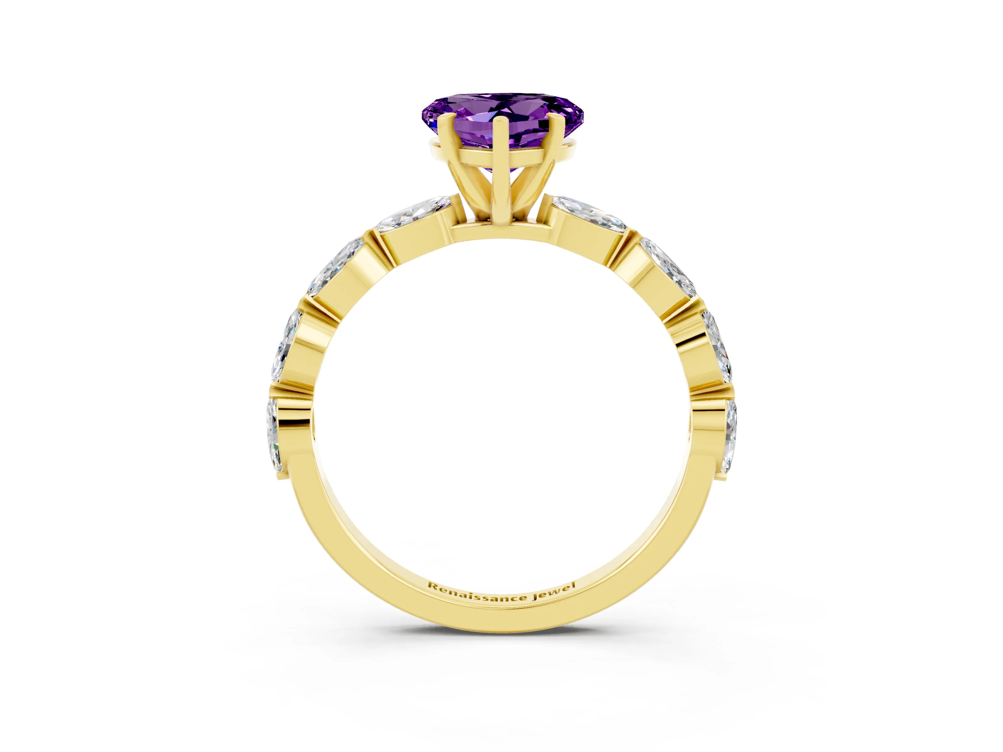 Yellow gold Heart Cut Amethyst Ring with Marquise Side Stones and Prong Setting_3