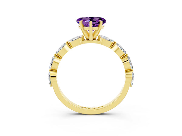Yellow gold Heart Cut Amethyst Ring with Marquise Side Stones and Prong Setting