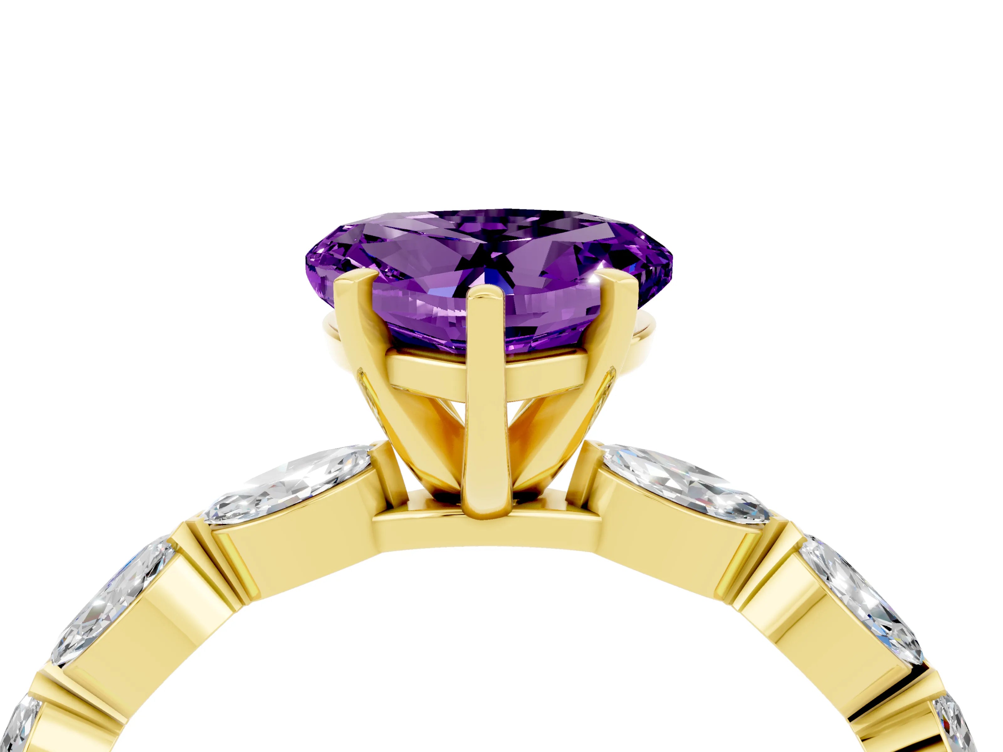 Yellow gold Heart Cut Amethyst Ring with Marquise Side Stones and Prong Setting_4
