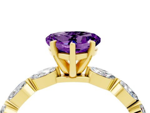 Yellow gold Heart Cut Amethyst Ring with Marquise Side Stones and Prong Setting_4