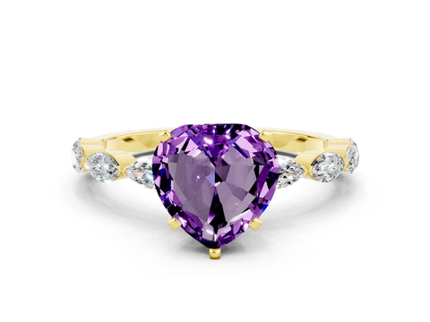 Yellow gold Heart Cut Amethyst Ring with Marquise Side Stones and Prong Setting