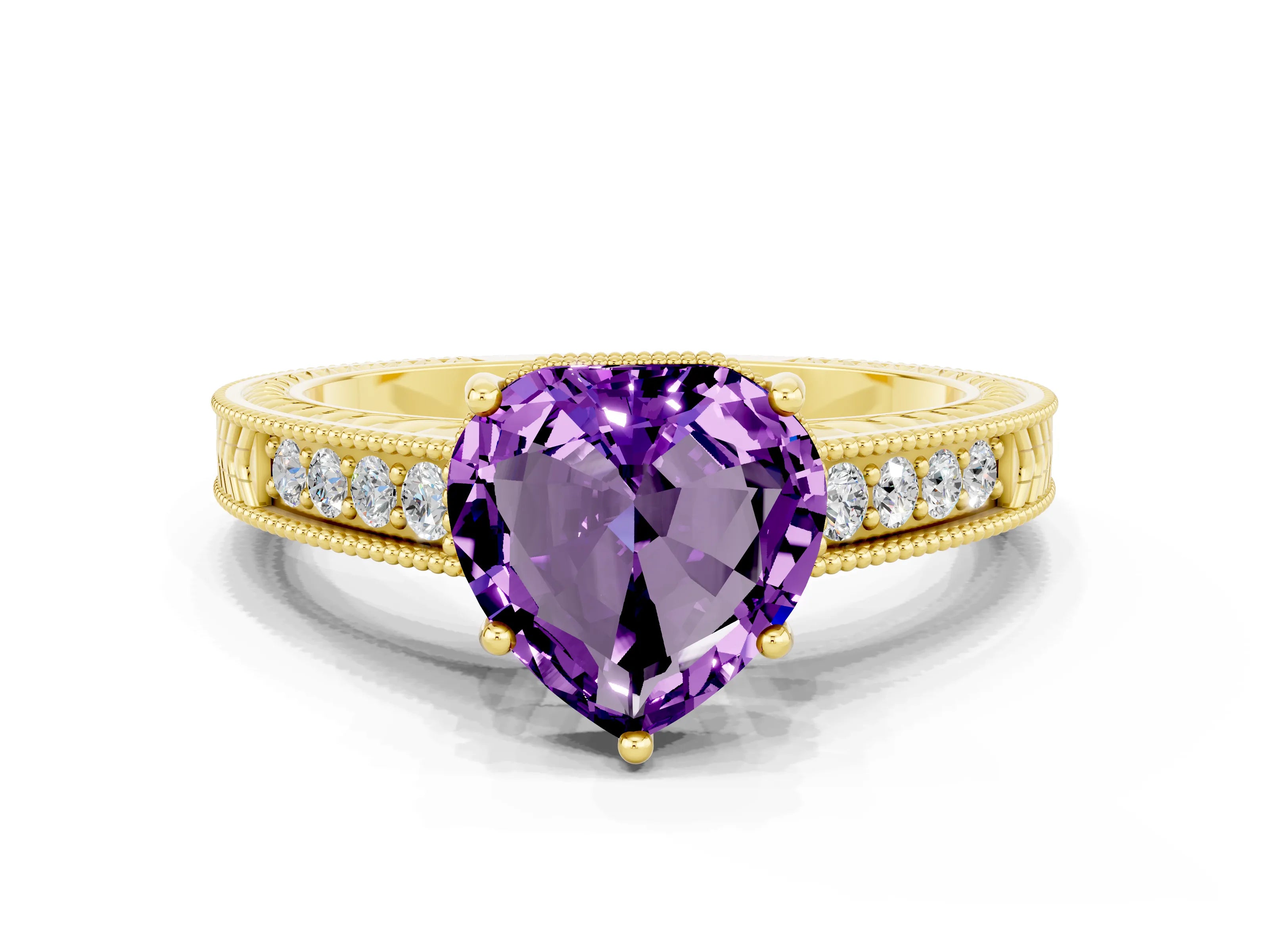 Yellow gold Heart Cut Amethyst Ring with Milgrain Pavé Band and Four-Prong Setting_12