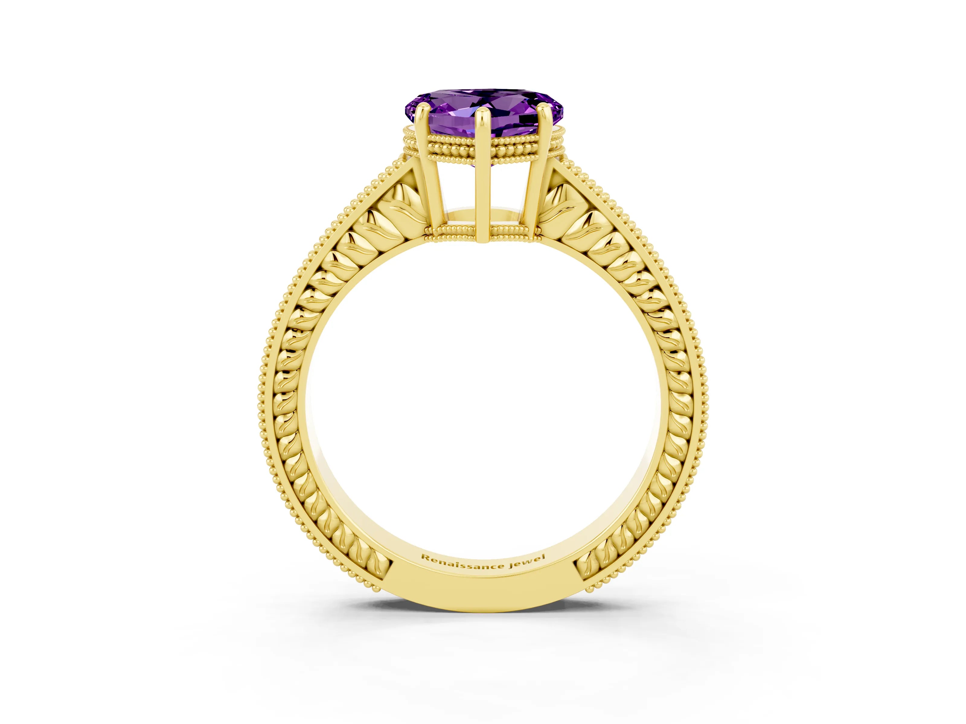 Yellow gold Heart Cut Amethyst Ring with Milgrain Pavé Band and Four-Prong Setting_15
