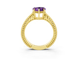 Yellow gold Heart Cut Amethyst Ring with Milgrain Pavé Band and Four-Prong Setting_15