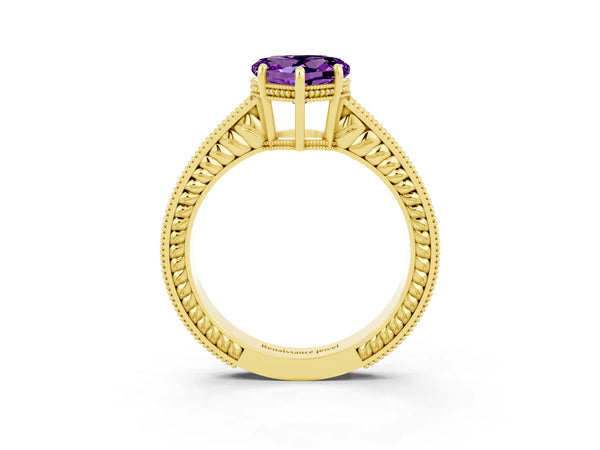 Yellow gold Heart Cut Amethyst Ring with Milgrain Pavé Band and Four-Prong Setting