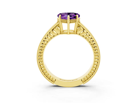 Yellow gold Heart Cut Amethyst Ring with Milgrain Pavé Band and Four-Prong Setting_15