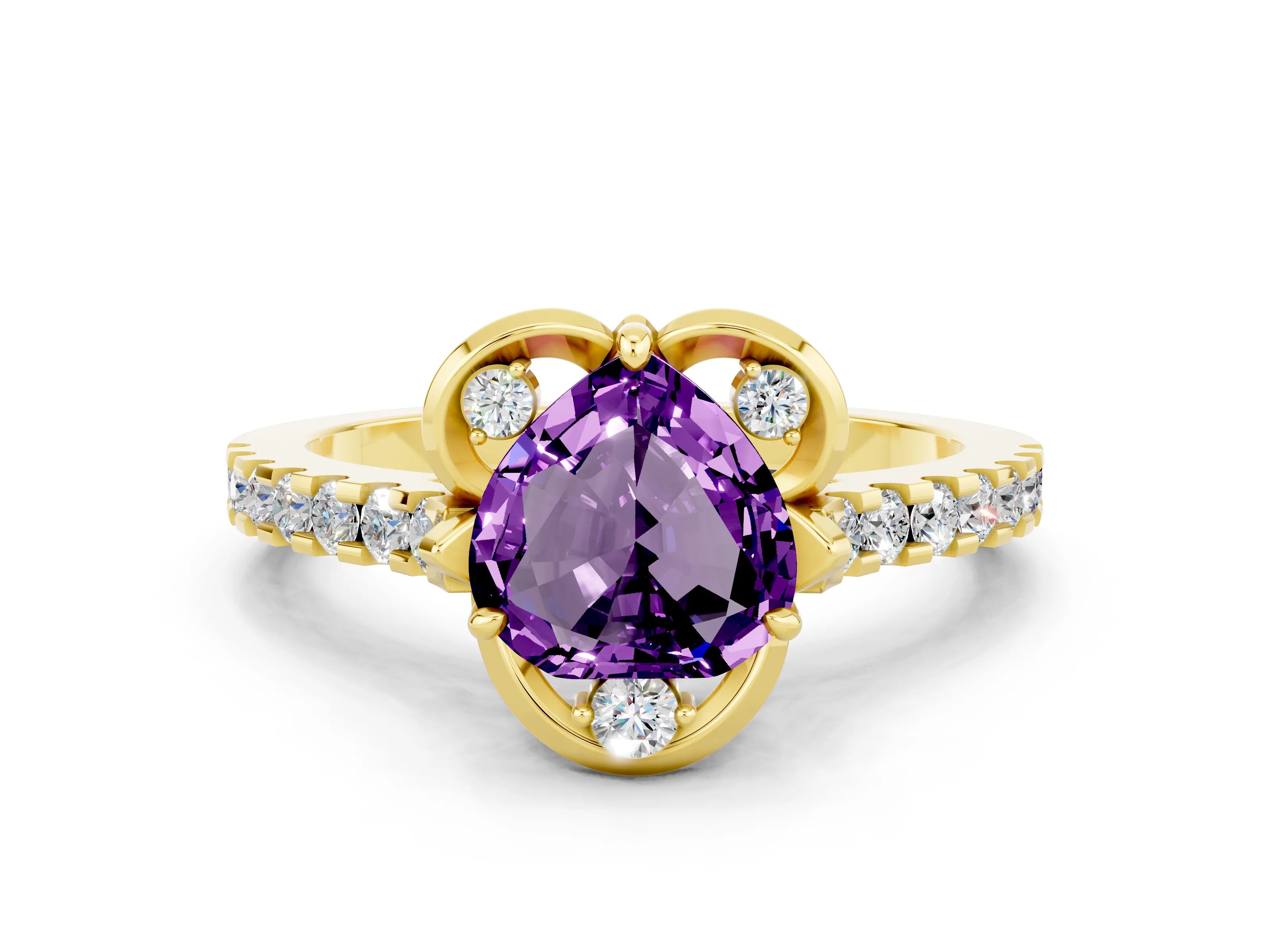 Yellow gold Heart Cut Amethyst Ring with Pavé Band and Floral Prong Setting