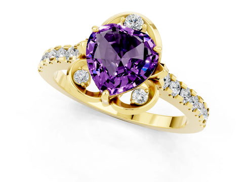 Yellow gold Heart Cut Amethyst Ring with Pavé Band and Floral Prong Setting_1