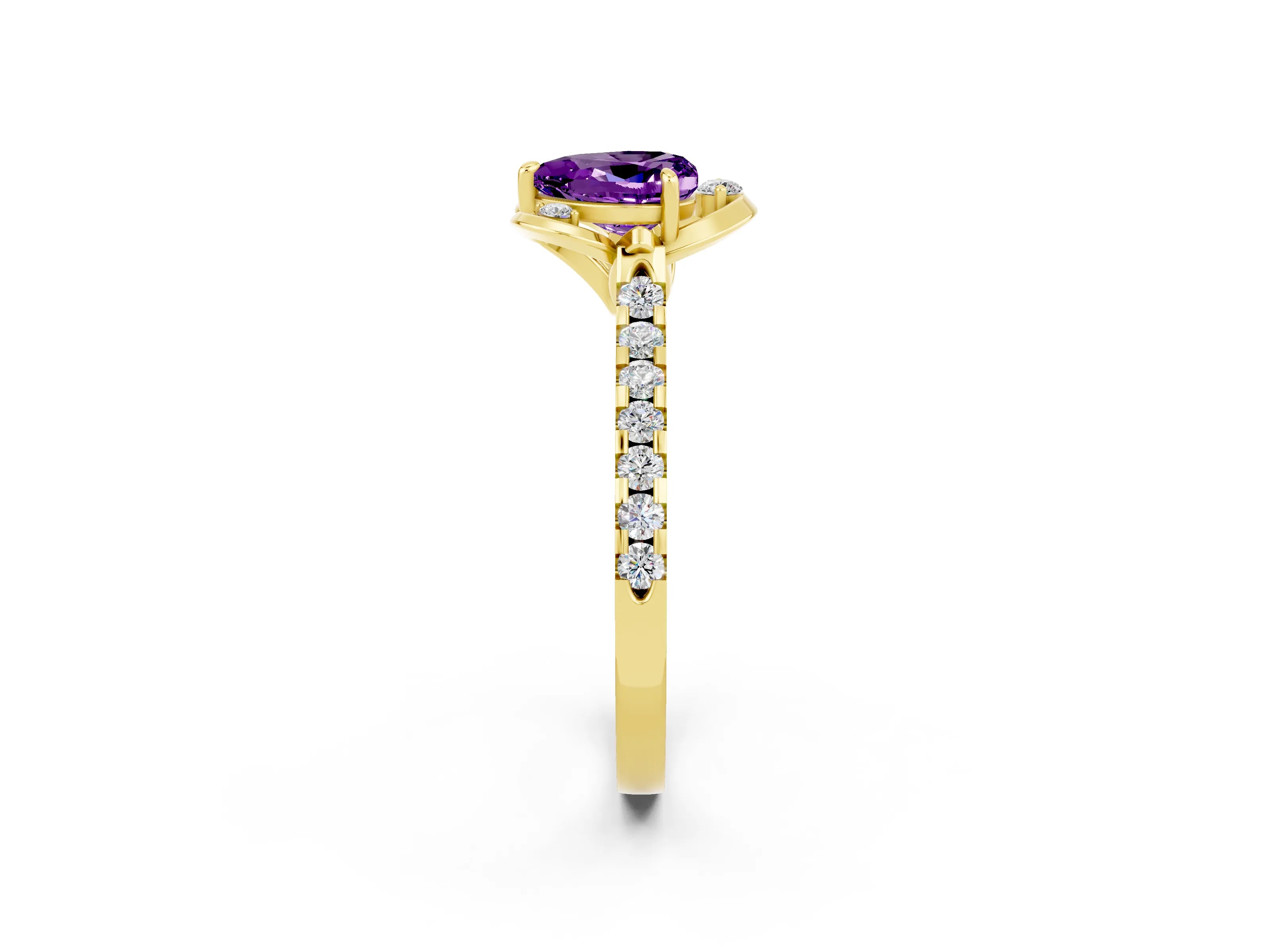 Yellow gold Heart Cut Amethyst Ring with Pavé Band and Floral Prong Setting_2