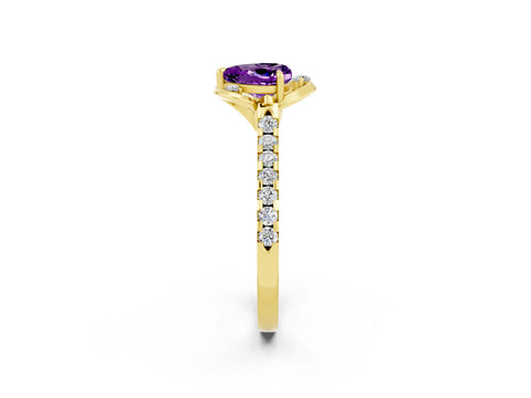 Yellow gold Heart Cut Amethyst Ring with Pavé Band and Floral Prong Setting_2