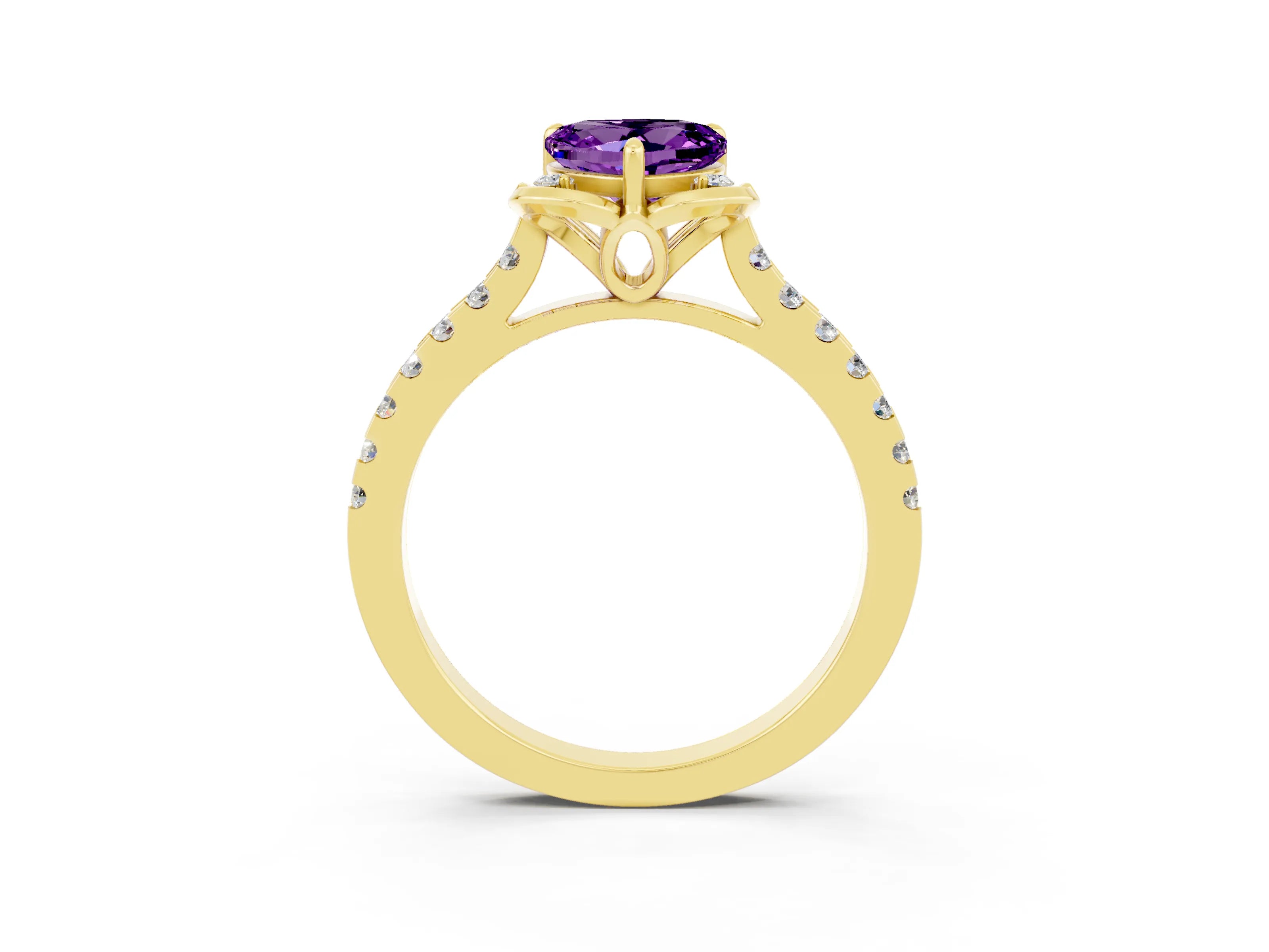 Yellow gold Heart Cut Amethyst Ring with Pavé Band and Floral Prong Setting_3