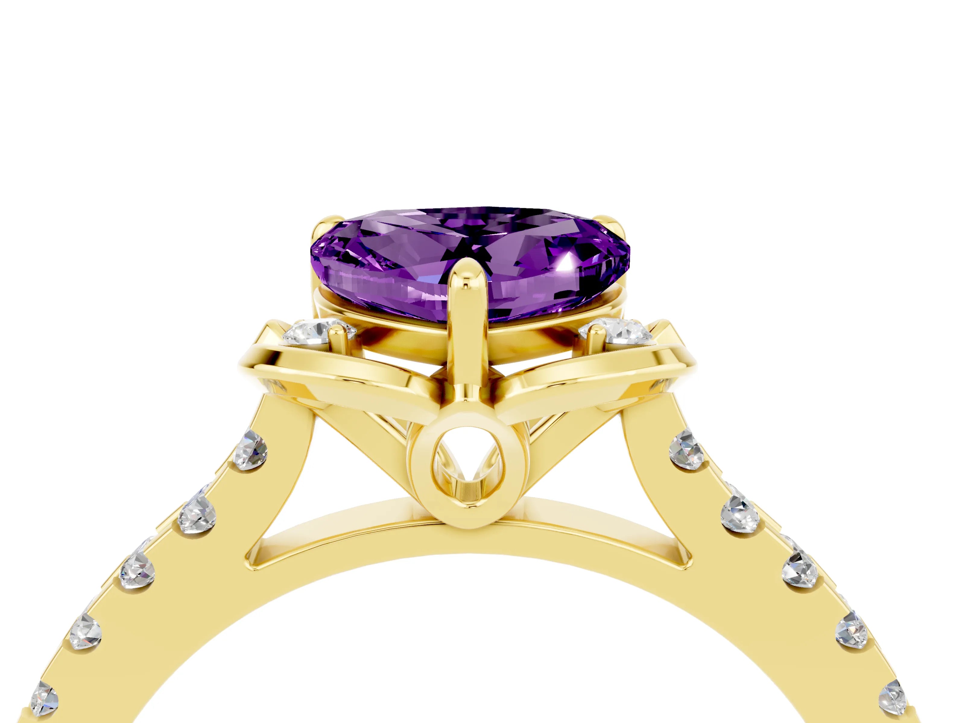 Yellow gold Heart Cut Amethyst Ring with Pavé Band and Floral Prong Setting_4