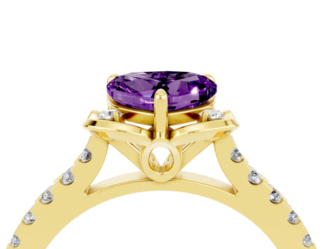 Yellow gold Heart Cut Amethyst Ring with Pavé Band and Floral Prong Setting_4