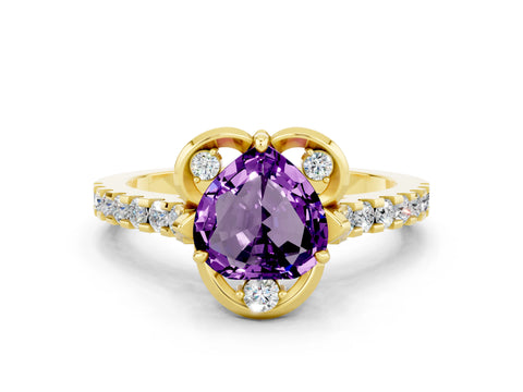 Yellow gold Heart Cut Amethyst Ring with Pavé Band and Floral Prong Setting