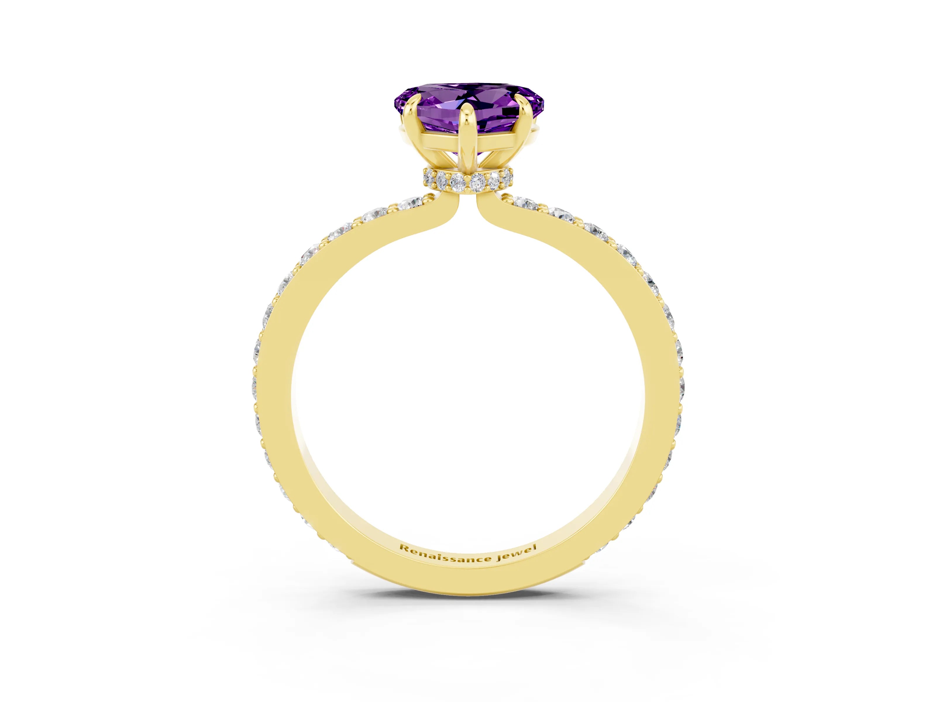 Yellow gold Heart Cut Amethyst Ring with Pavé Band and Four-Prong Setting_3