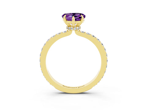 Yellow gold Heart Cut Amethyst Ring with Pavé Band and Four-Prong Setting_3