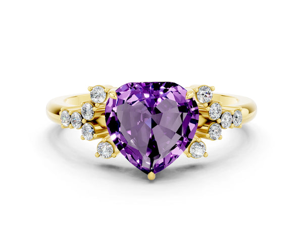 Yellow gold Heart Cut Amethyst Ring with Side Stones and Four-Prong Setting