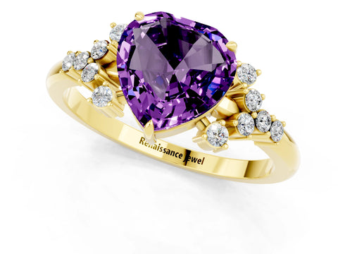 Yellow gold Heart Cut Amethyst Ring with Side Stones and Four-Prong Setting_37