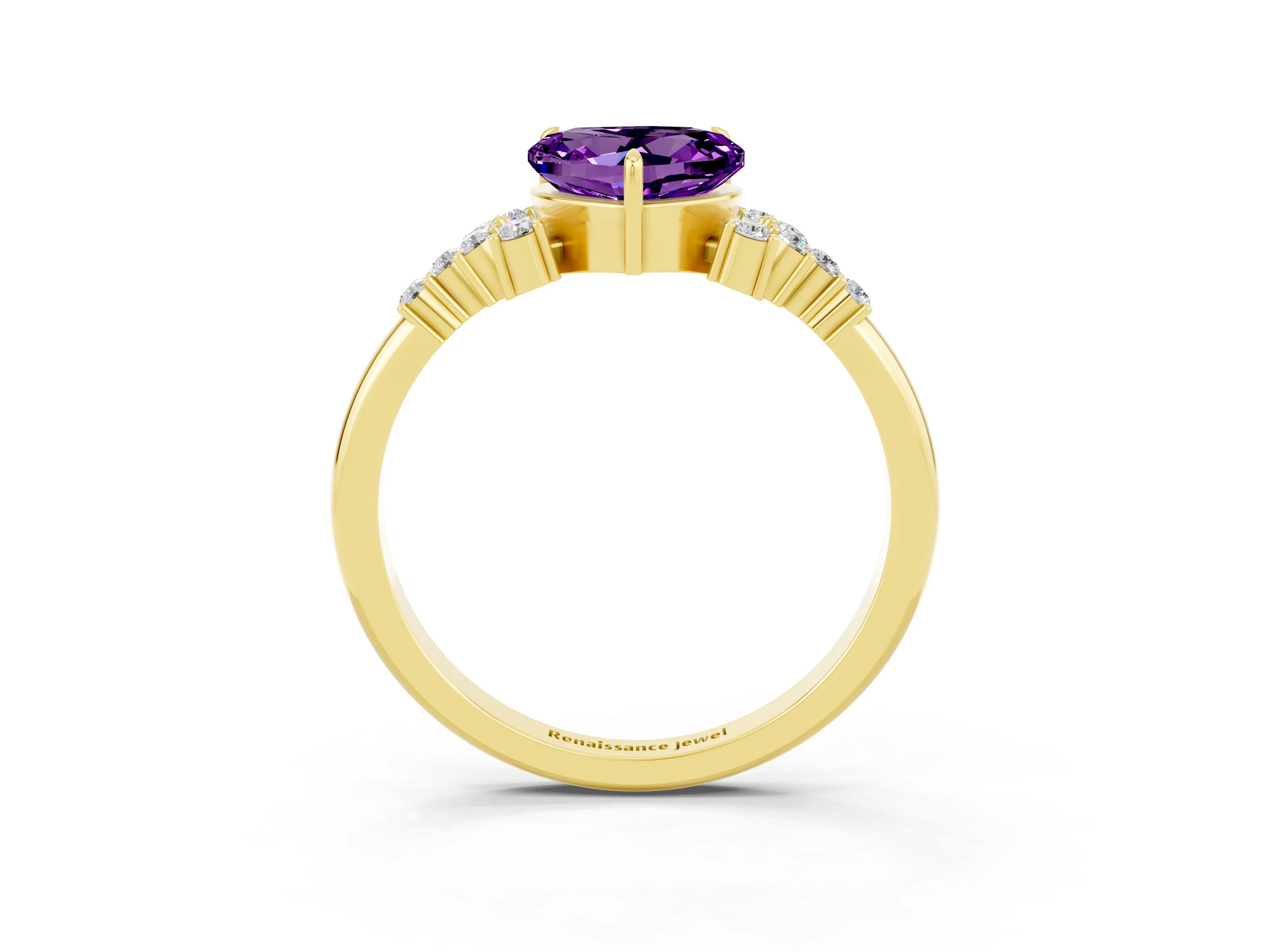Yellow gold Heart Cut Amethyst Ring with Side Stones and Four-Prong Setting_39