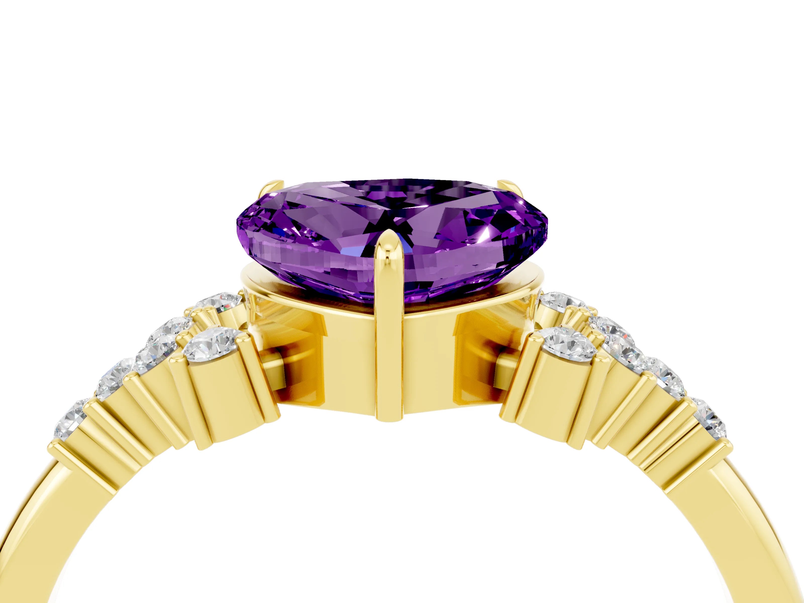 Yellow gold Heart Cut Amethyst Ring with Side Stones and Four-Prong Setting_40
