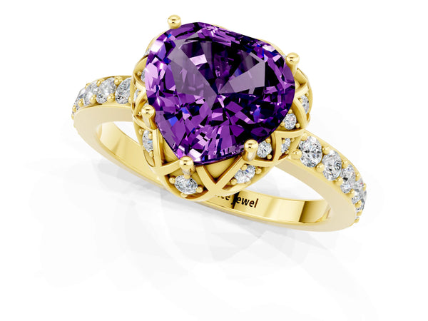 Yellow gold Heart Cut Amethyst Scalloped Halo Engagement Ring with Round Shared Prong Band