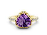 Yellow gold Heart Cut Amethyst Scalloped Halo Engagement Ring with Round Shared Prong Band_24