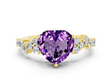 Yellow gold Heart Cut Amethyst Scattered Round Accent Ring with Prong Setting_24