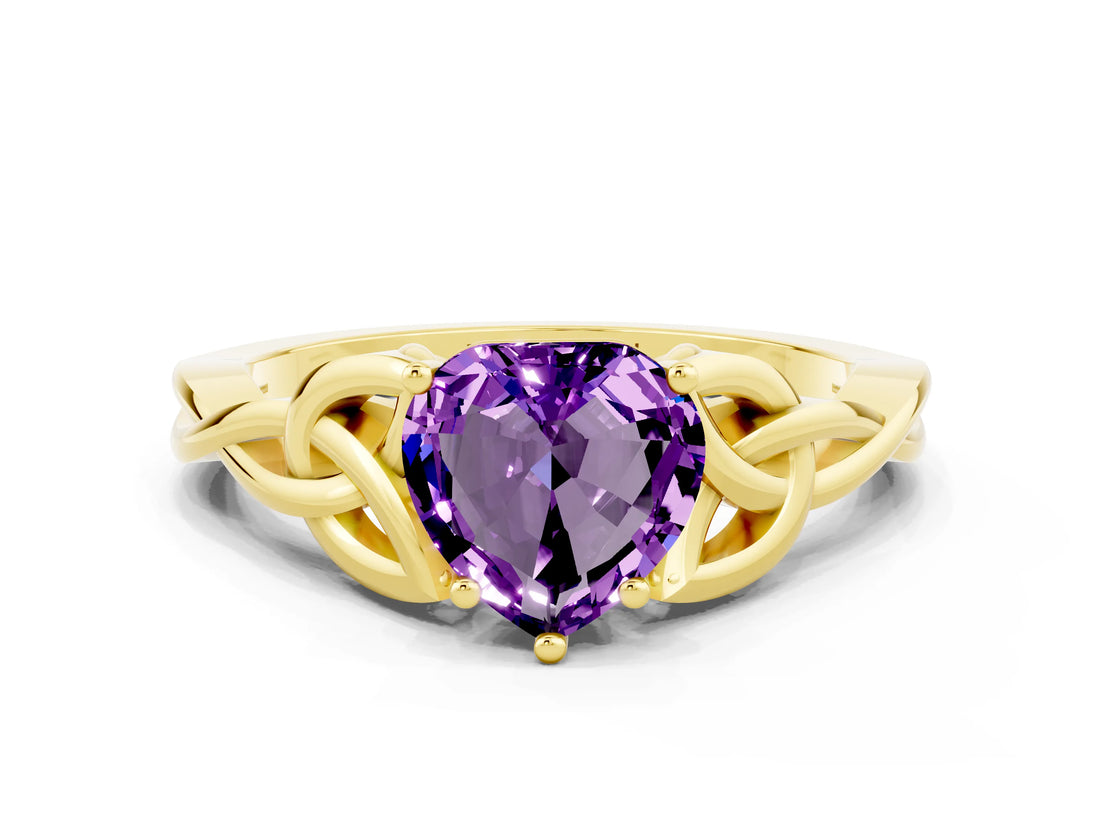 Yellow gold Heart Cut Amethyst Solitaire Celtic Knot Ring with Four-Prong Setting_12