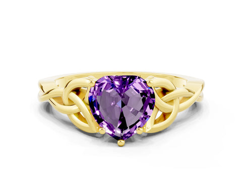 Yellow gold Heart Cut Amethyst Solitaire Celtic Knot Ring with Four-Prong Setting_12