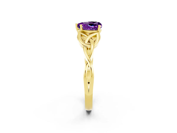 Yellow gold Heart Cut Amethyst Solitaire Celtic Knot Ring with Four-Prong Setting