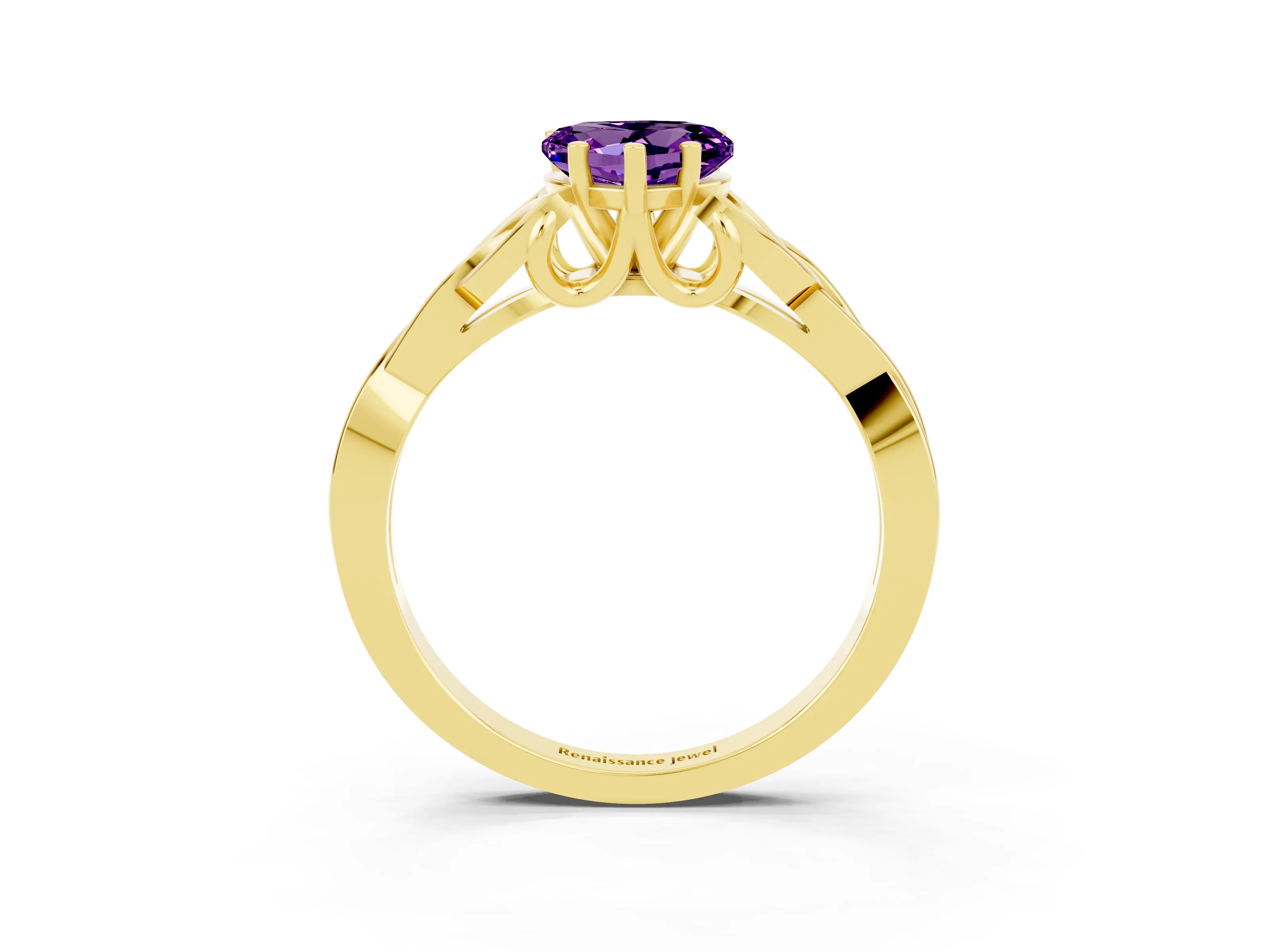 Yellow gold Heart Cut Amethyst Solitaire Celtic Knot Ring with Four-Prong Setting_15