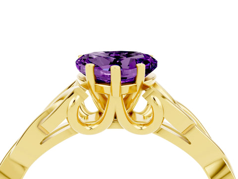 Yellow gold Heart Cut Amethyst Solitaire Celtic Knot Ring with Four-Prong Setting_16