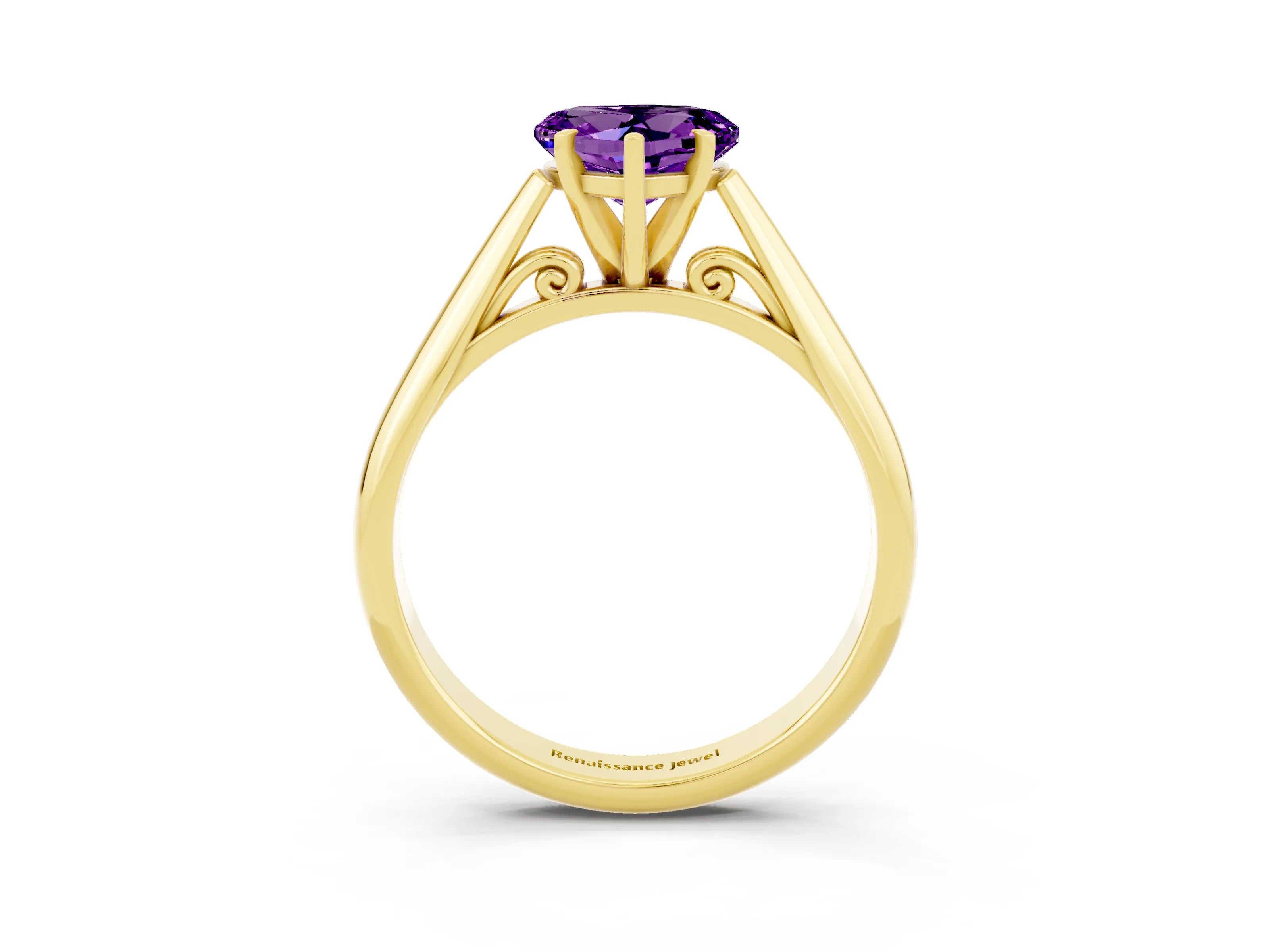 Yellow gold Heart Cut Amethyst Solitaire Engagement Ring with Cathedral Setting and Four-Prong Mount_15