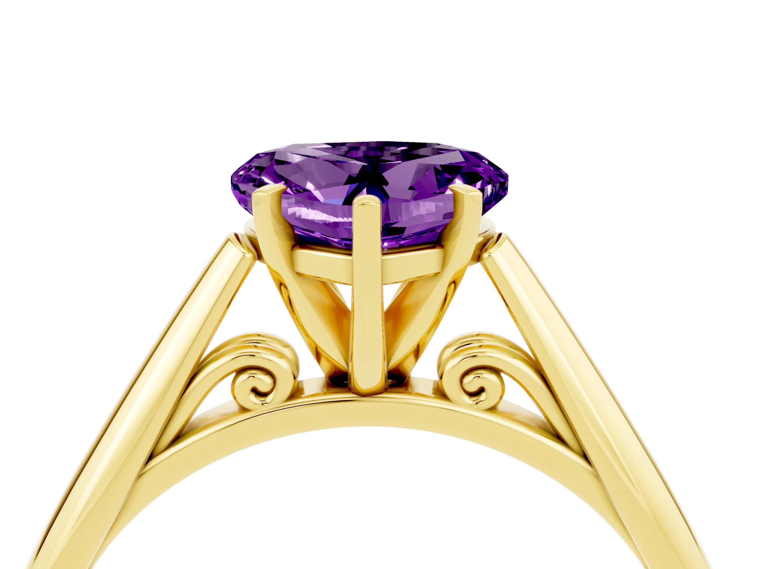 Yellow gold Heart Cut Amethyst Solitaire Engagement Ring with Cathedral Setting and Four-Prong Mount_16