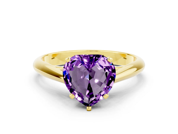 Yellow gold Heart Cut Amethyst Solitaire Engagement Ring with Cathedral Setting and Four-Prong Mount