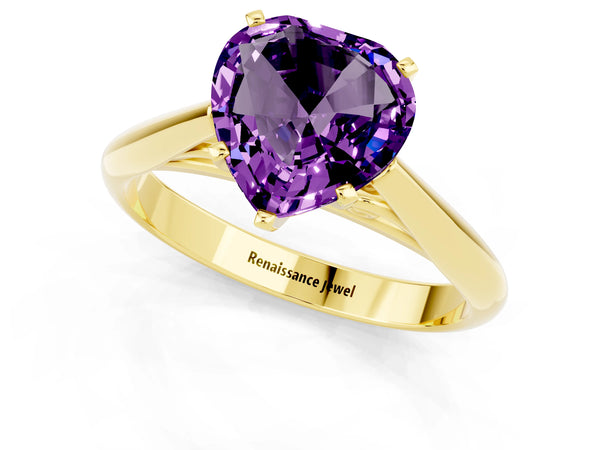 Yellow gold Heart Cut Amethyst Solitaire Engagement Ring with Cathedral Setting and Four-Prong Mount
