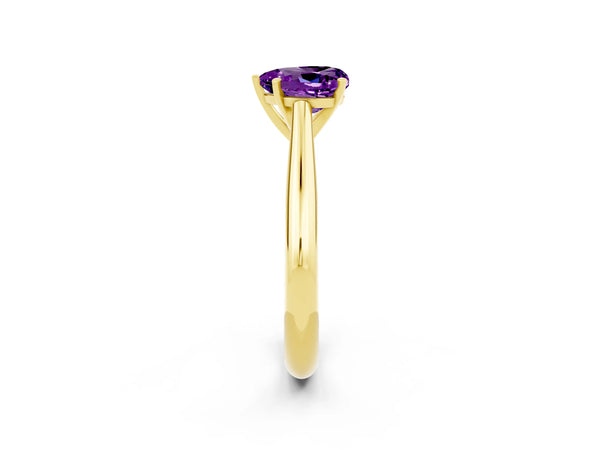 Yellow gold Heart Cut Amethyst Solitaire Engagement Ring with Cathedral Setting and Four-Prong Mount