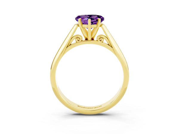 Yellow gold Heart Cut Amethyst Solitaire Engagement Ring with Cathedral Setting and Four-Prong Mount