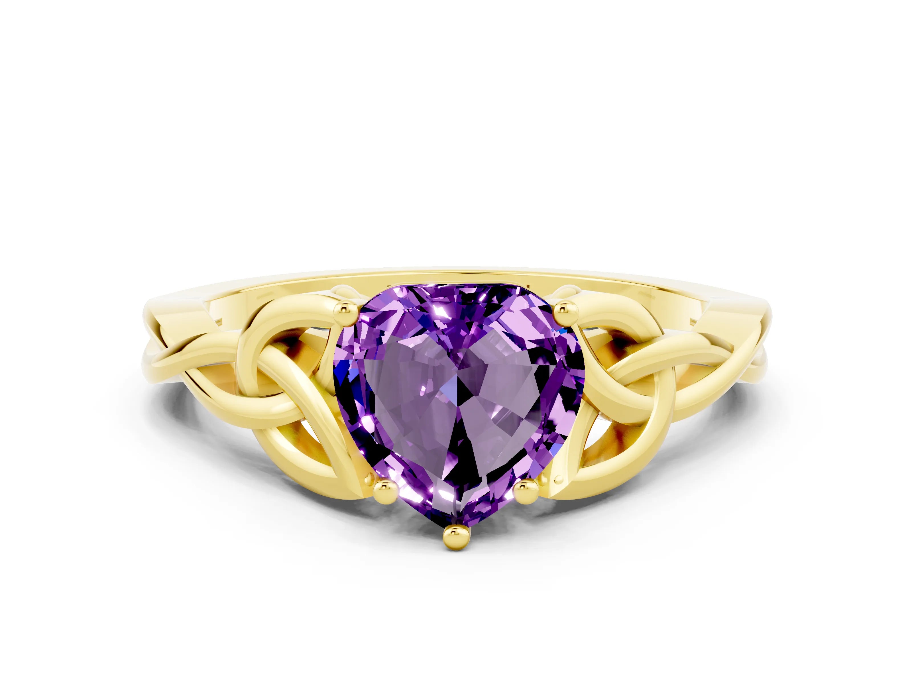 Yellow gold Heart Cut Amethyst Solitaire Engagement Ring with Celtic Knot Band and Four-Prong Setting