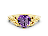 Yellow gold Heart Cut Amethyst Solitaire Engagement Ring with Celtic Knot Band and Four-Prong Setting