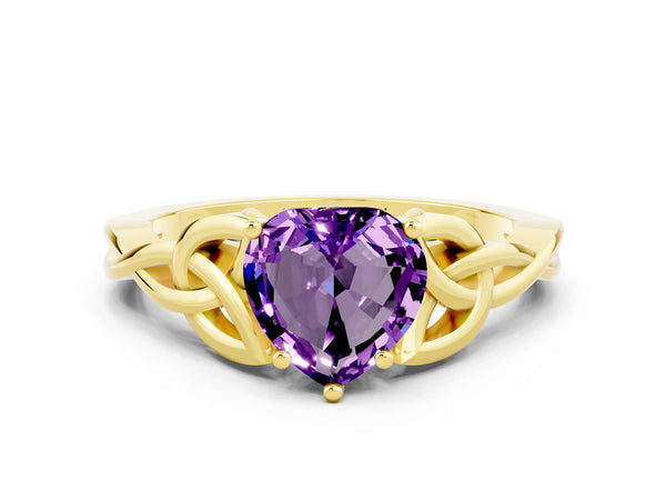 Yellow gold Heart Cut Amethyst Solitaire Engagement Ring with Celtic Knot Band and Four-Prong Setting