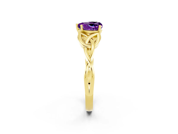 Yellow gold Heart Cut Amethyst Solitaire Engagement Ring with Celtic Knot Band and Four-Prong Setting